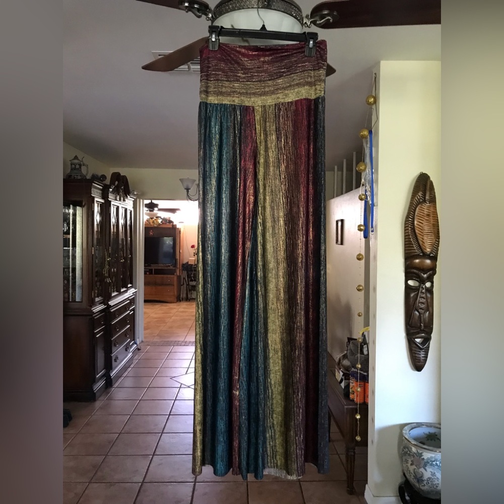 Uptown U.S.A.strapless overall long leg , multi color , gold metal fabric Large